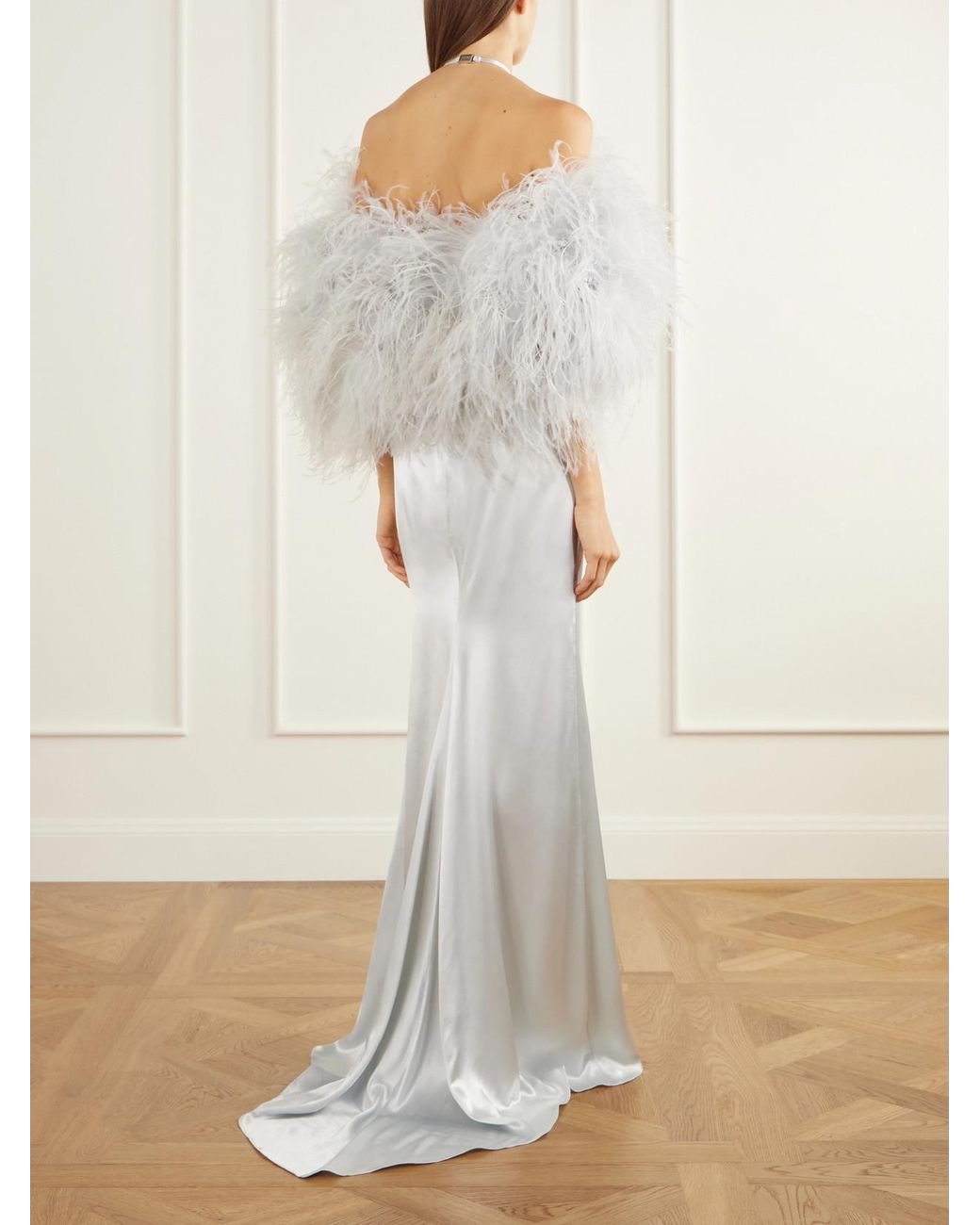 The Attico White Feather-Trimmed Halterneck Satin Gown