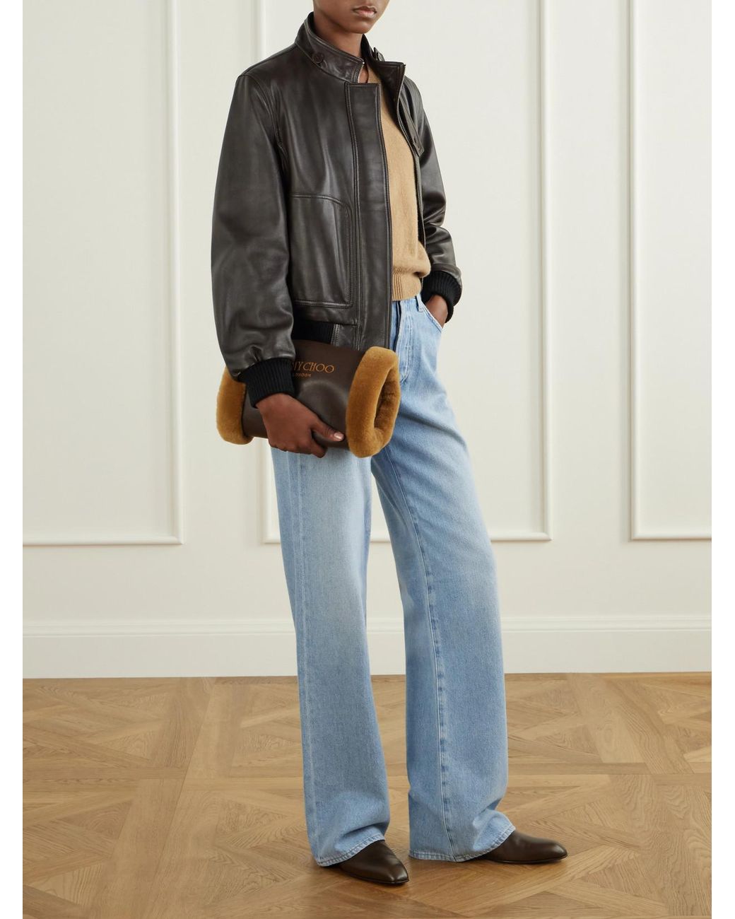 Jimmy Choo Brown Logo-Embroidered Shearling-Trimmed Leather Handwarmer