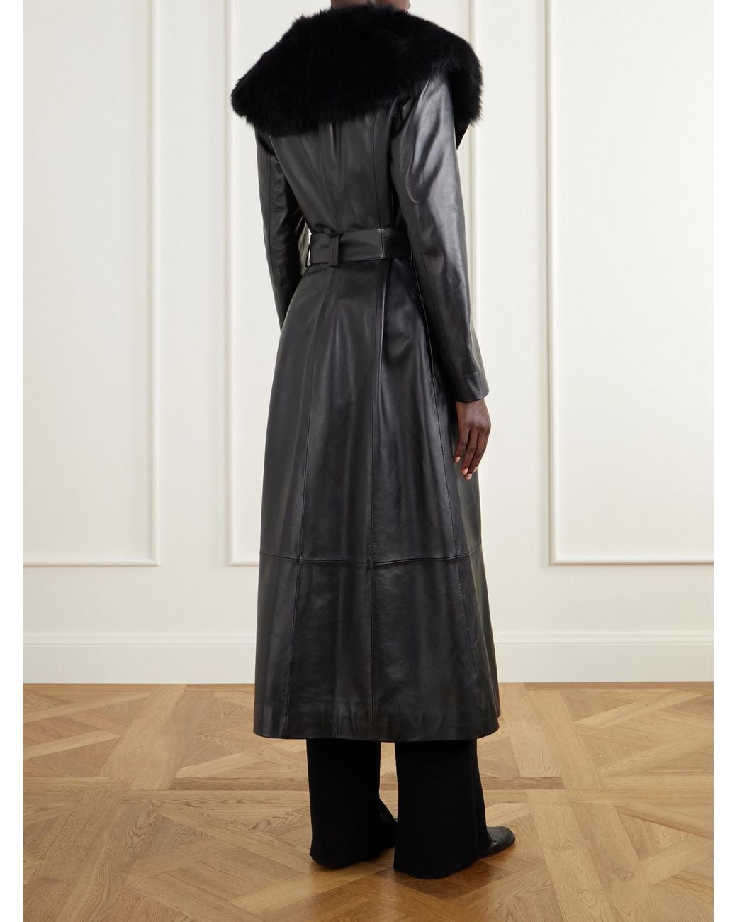 TOVE Black Rosa Belted Paneled Shearling-Trimmed Leather Wrap Coat