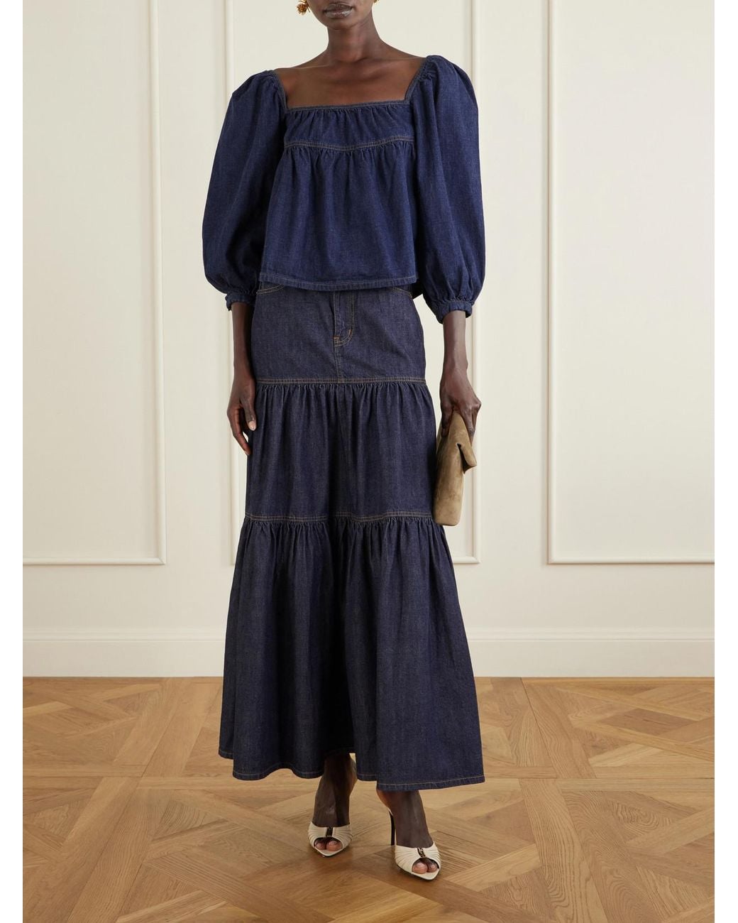 Saint Laurent Blue Gathered Denim Blouse