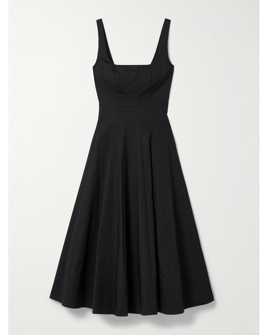 Staud Black Wells Pleated Cotton-Blend Poplin Midi Dress