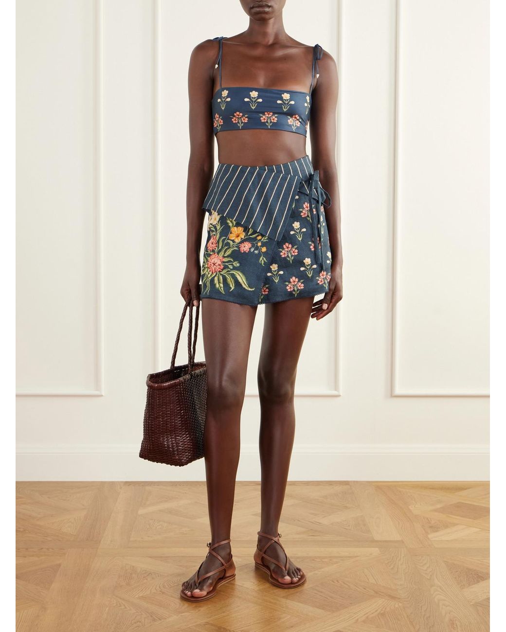 Agua Bendita Blue Arte Striped Floral-Print Linen Woven Coverup