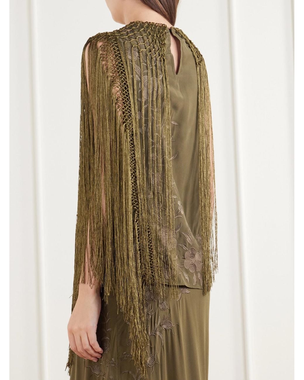 Ulla Johnson Green Willa Fringed Embroidered Silk-Crepe De Chine Blouse