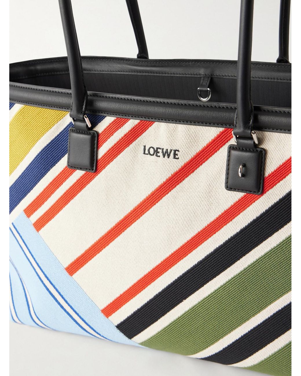 Loewe Blue Verano Logo-Embroidered Striped Leather-Trimmed Canvas Tote