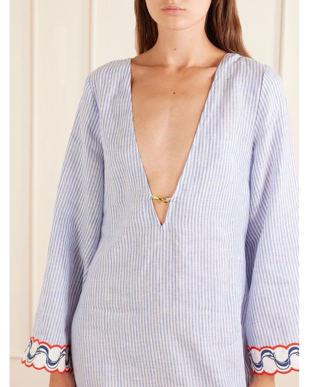 Farm Rio Blue Embroidered Striped Linen Coverup