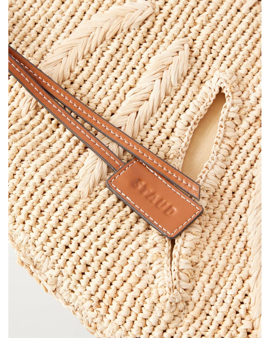 Staud White Palm Leather-Trimmed Raffia Tote