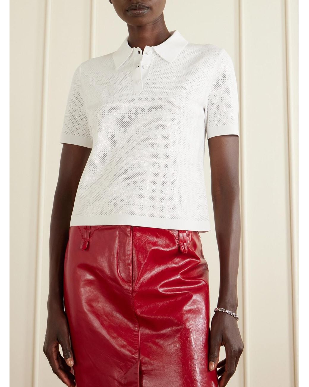 Tory Burch White Pointelle-Knit Polo Shirt