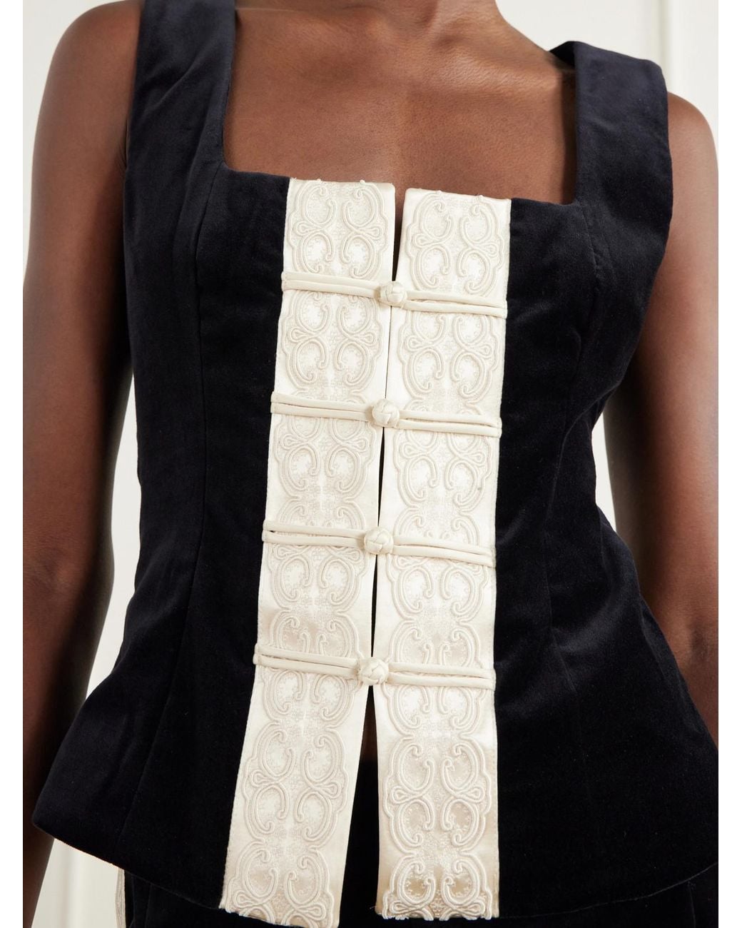 Posse Black Florian Embroidered Satin-Trimmed Cotton-Velvet Top