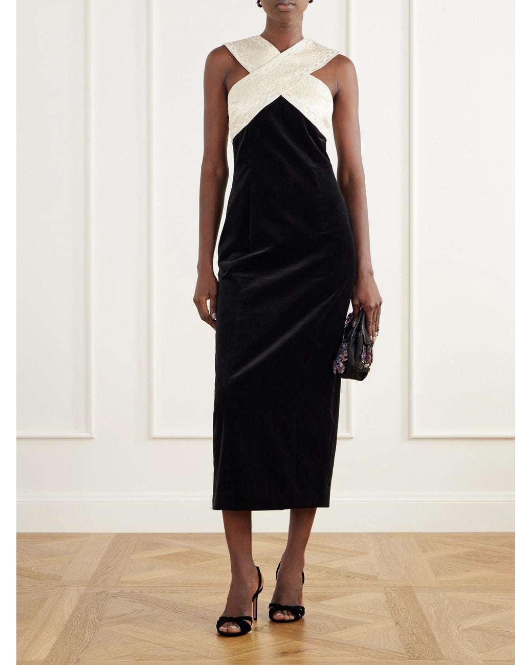 Posse Black Florian Embroidered Satin-Trimmed Cotton-Velvet Midi Dress