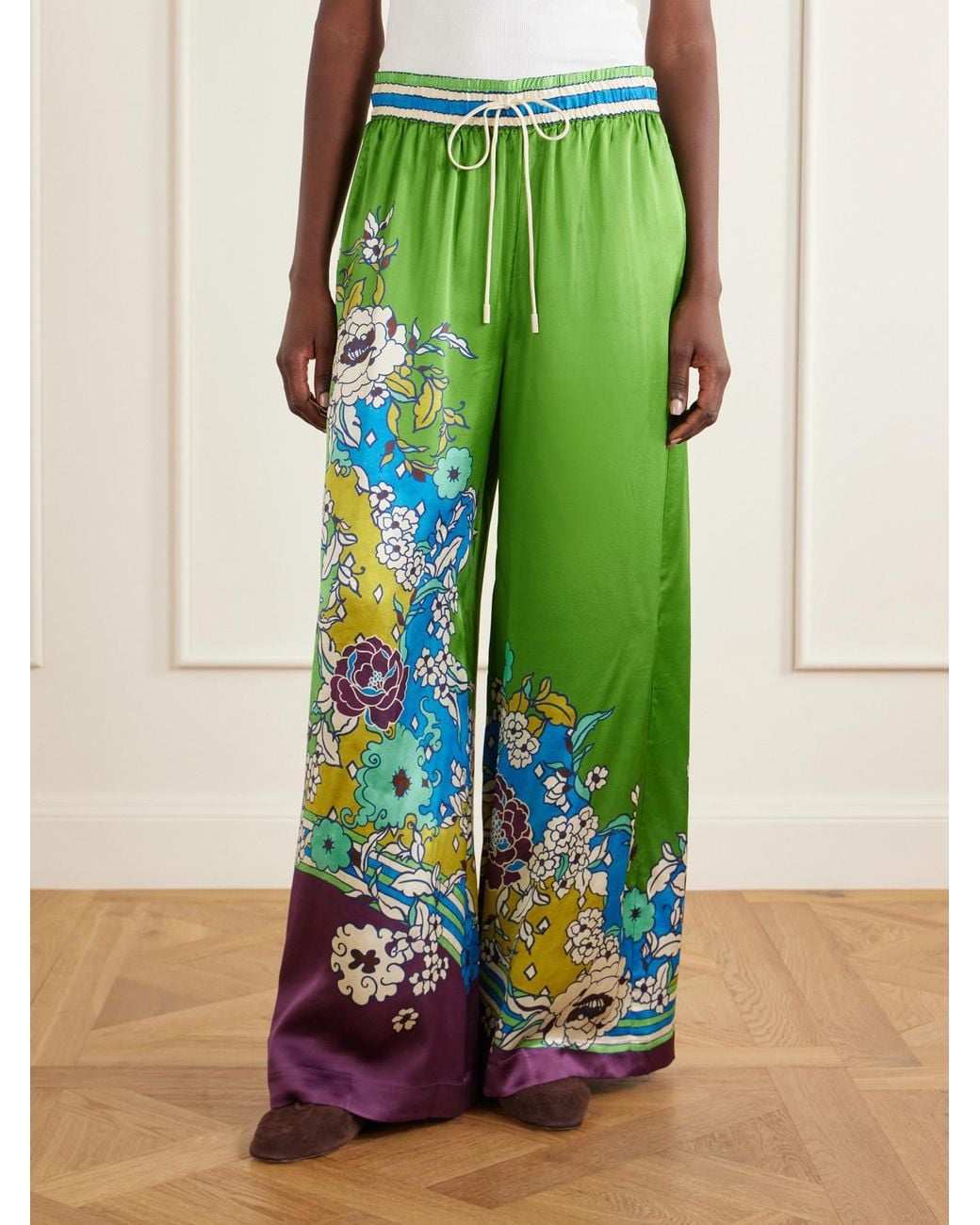 ALÉMAIS Green Nanci Floral-Print Silk-Satn Wide-Leg Pants