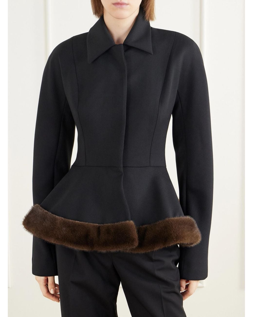 Stella McCartney Black Plush-Trimmed Twill Peplum Jacket