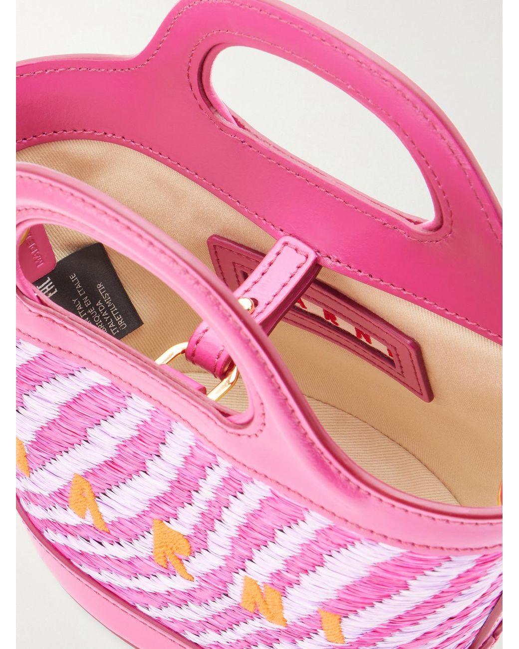 Marni Pink Tropicalia Micro Leather And Embroidered Faux Raffia Tote