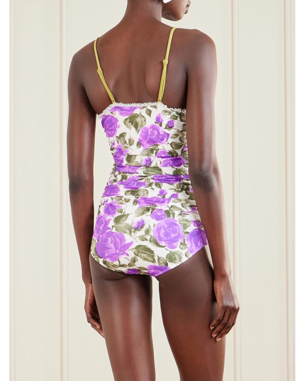 Chloé Pink Bow-Detailed Ruched Lace-Trimmed Floral-Print Swimsuit