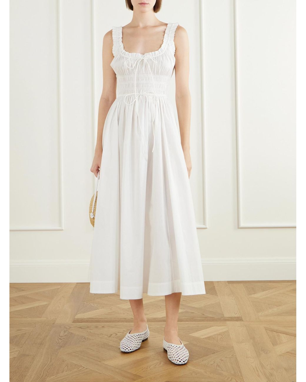 Doen White Emmaretta Tie-Detailed Shirred Cotton-Voile Midi Dress