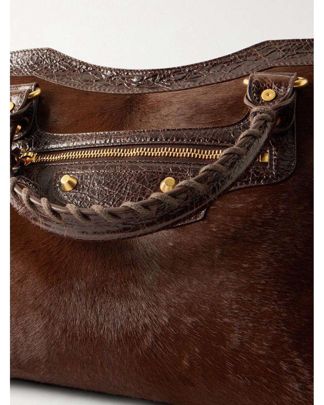 Balenciaga Brown Le City Crinkled Leather-Trimmed Pony Hair Shoulder Bag