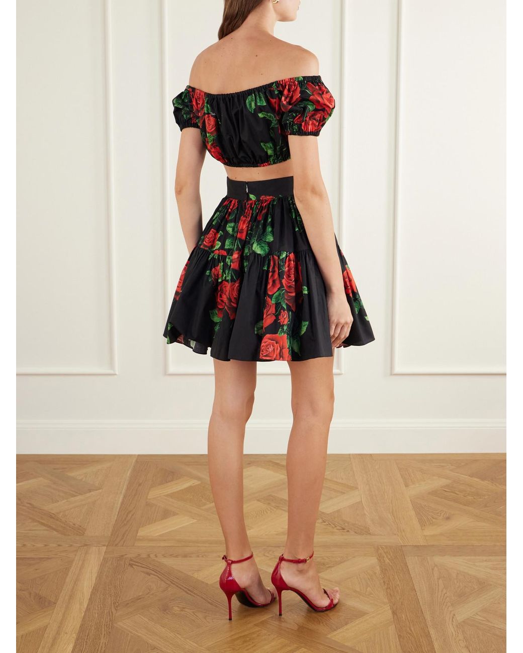 Dolce & Gabbana Red Off-The-Shoulder Cropped Floral-Print Cotton-Poplin Top