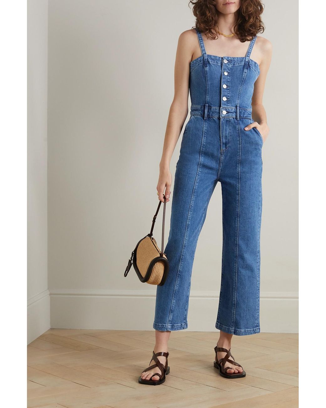 PAIGE Anessa Cropped Stretch-denim Jumpsuit in Blue