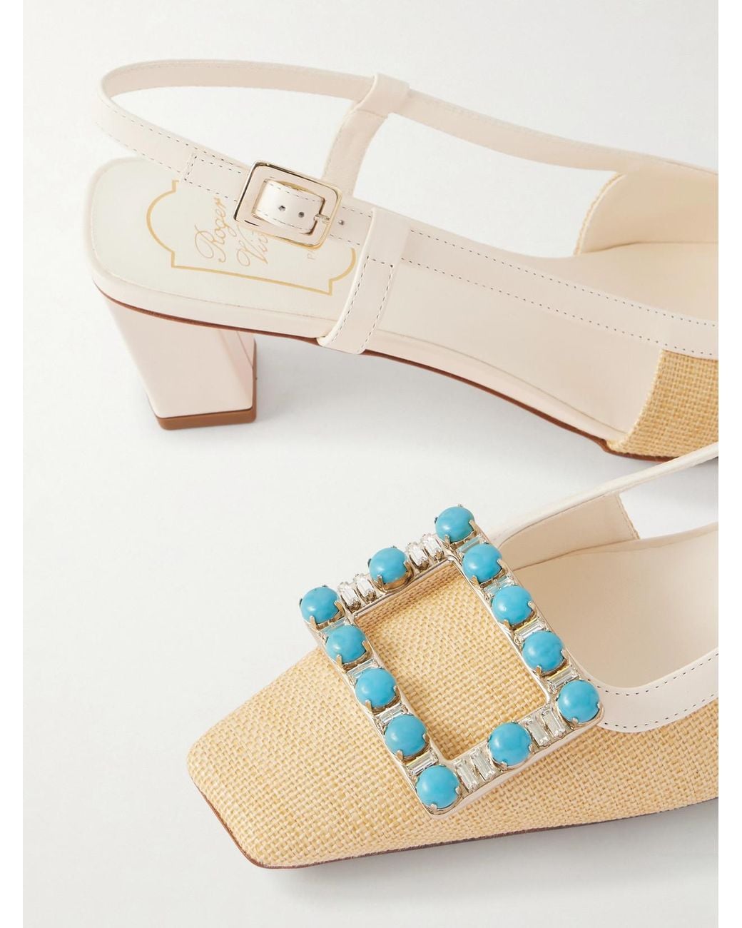 Roger Vivier Natural Belle Vivier 45 Leather-Trimmed Embellished Slingback Pumps