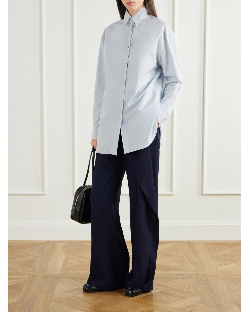 Jil Sander Blue Draped Wool-Sablé Wide-Leg Pants