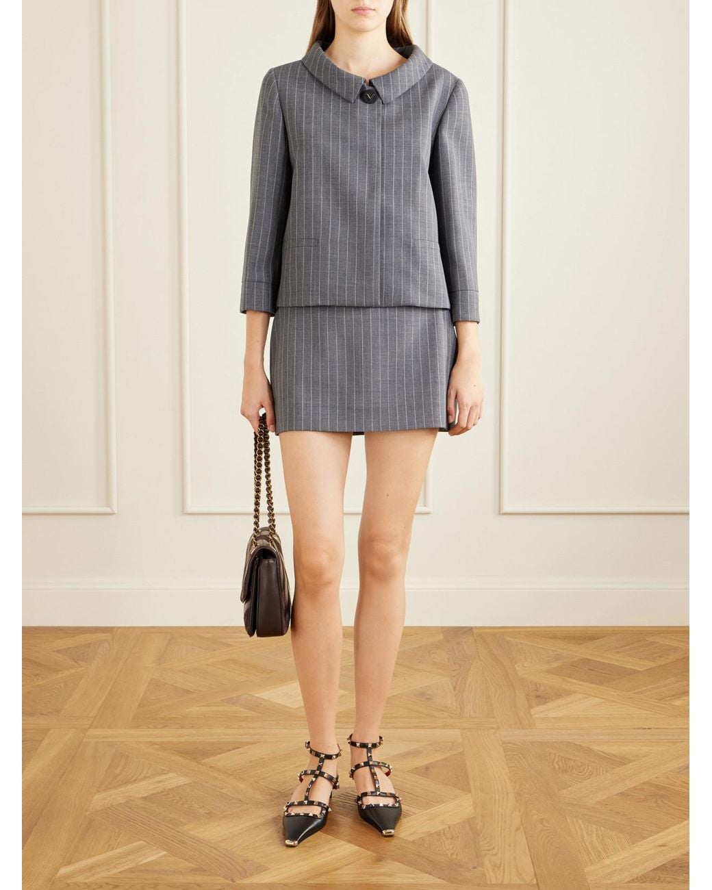 Valentino Garavani Gray Striped Wool Grain De Poudre Jacket