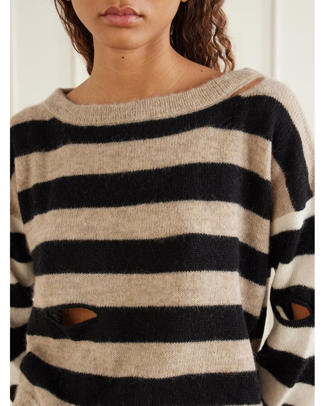 Mother Black The Cold Shoulder Distressed Cropped Striped Alpaca-Blend Sweater