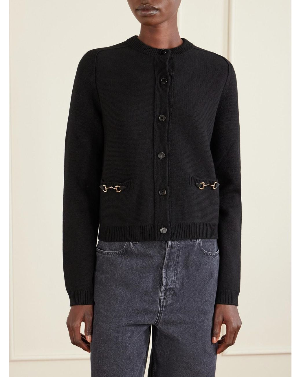 Gucci Blue Horsebit-Embellished Leather-Trimmed Wool And Cashmere-Blend Cardigan