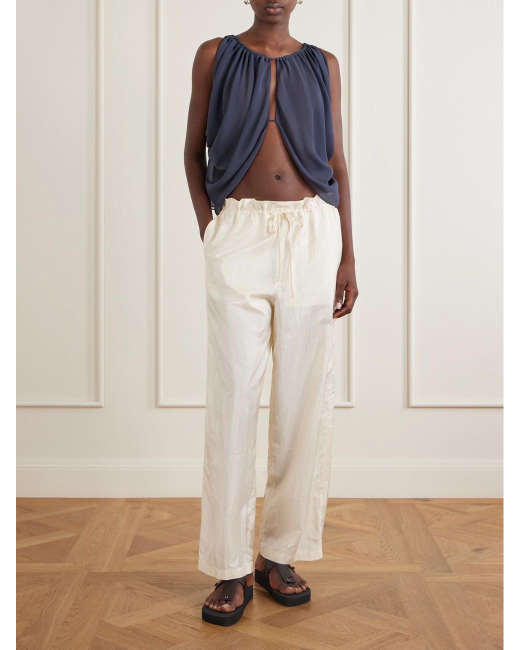 Aflalo White Morocco Cotton And Silk-Blend Habotai Wide-Leg Pants
