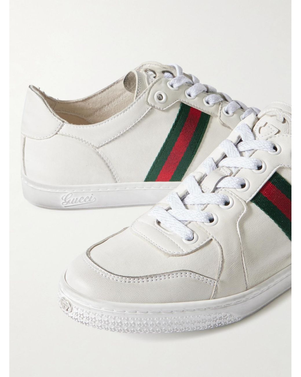 Gucci White Stretch Distressed Webbing-Trimmed Leather Sneakers