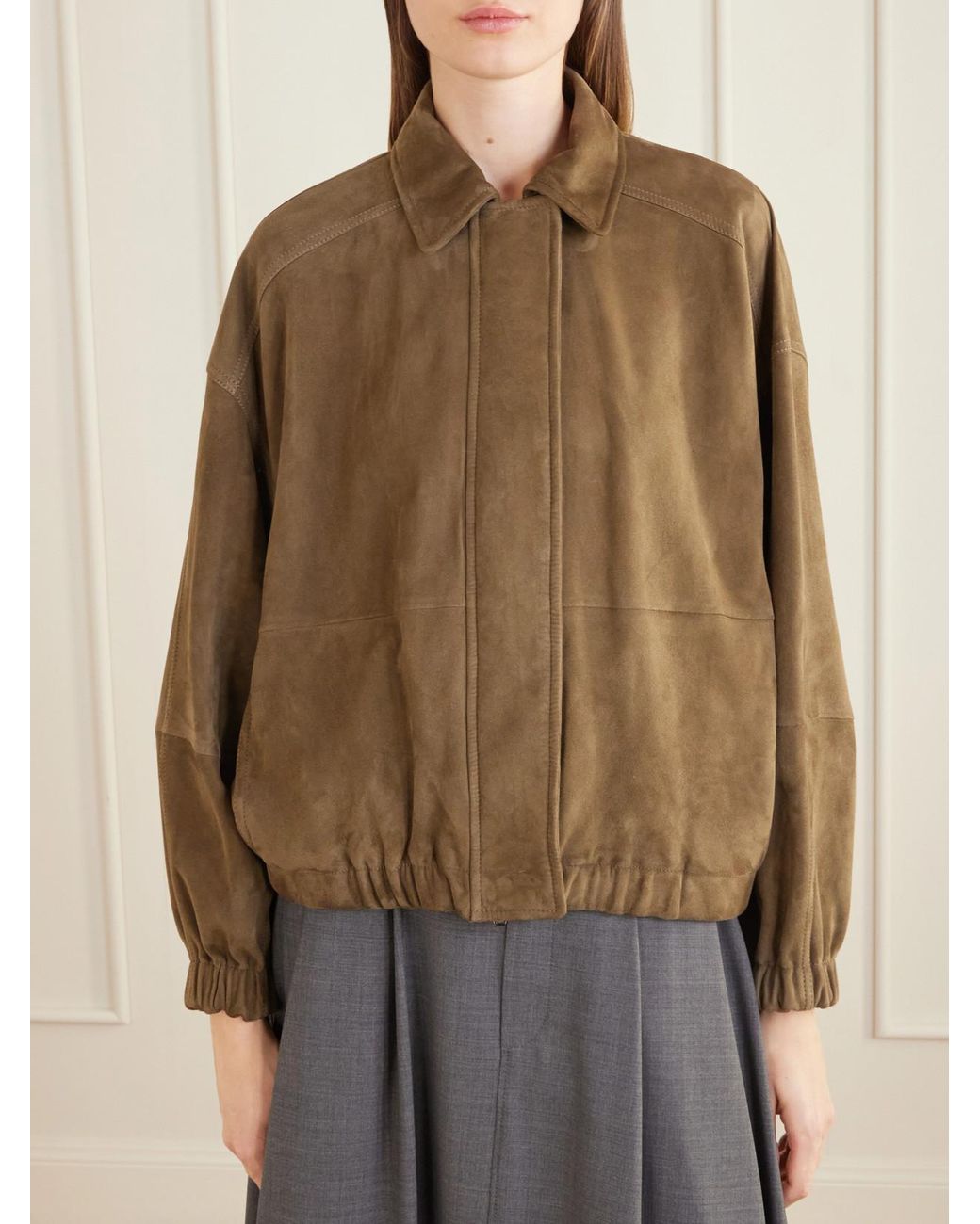 Brunello Cucinelli Brown Paneled Suede Bomber Jacket
