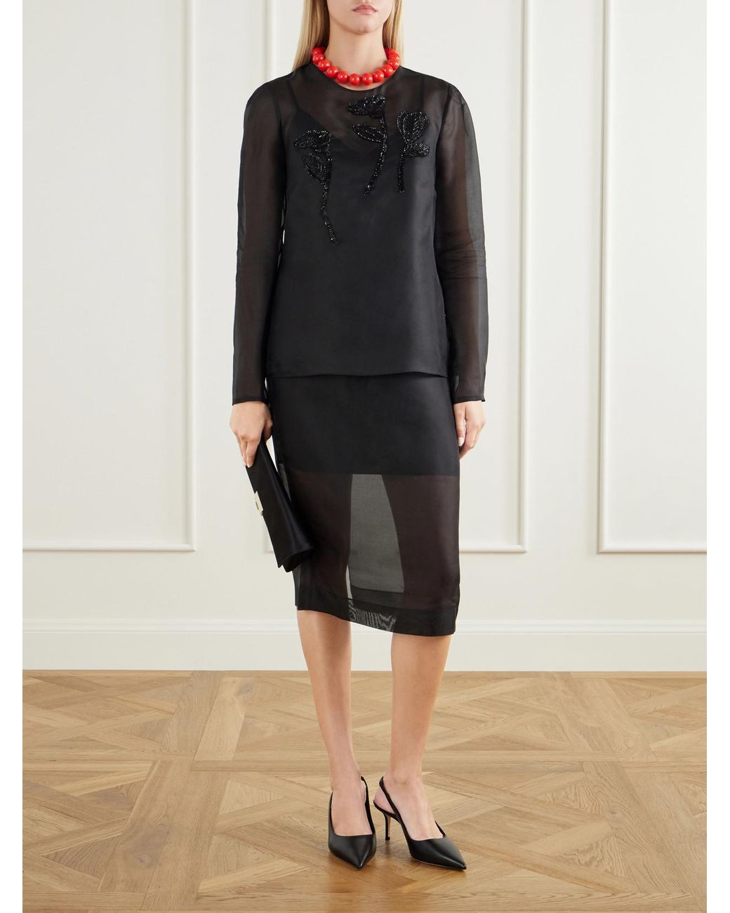 Carolina Herrera Black Silk-Organza Midi Skirt