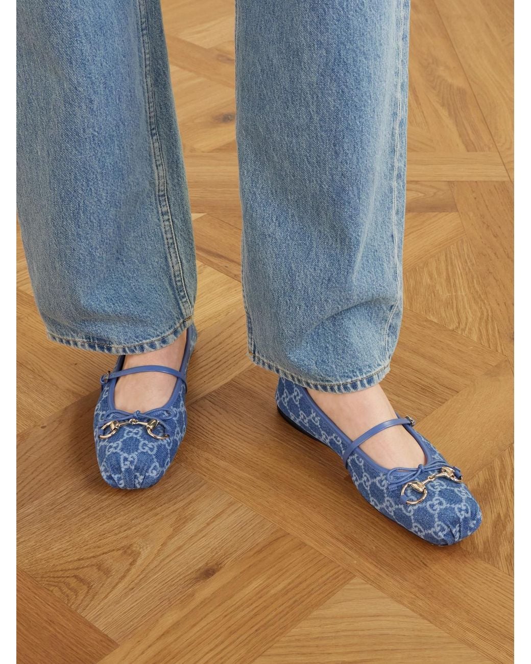 Gucci Blue Horsebit Ballerina Leather-Trimmed Denim Flats