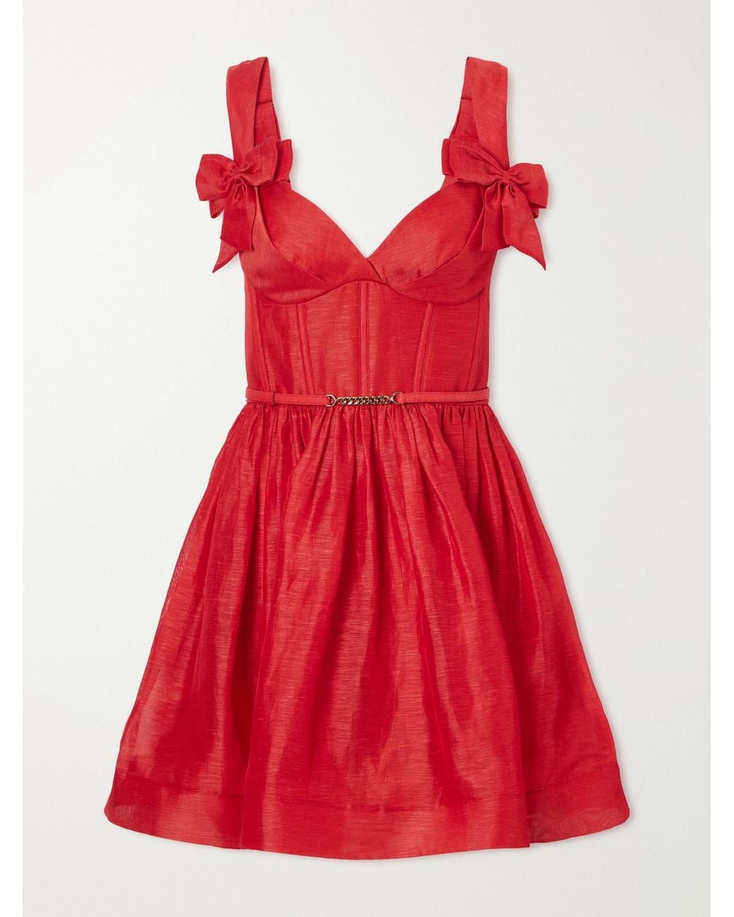 Zimmermann Red Clash Belted Bow-Detailed Linen And Silk-Blend Mini Dress