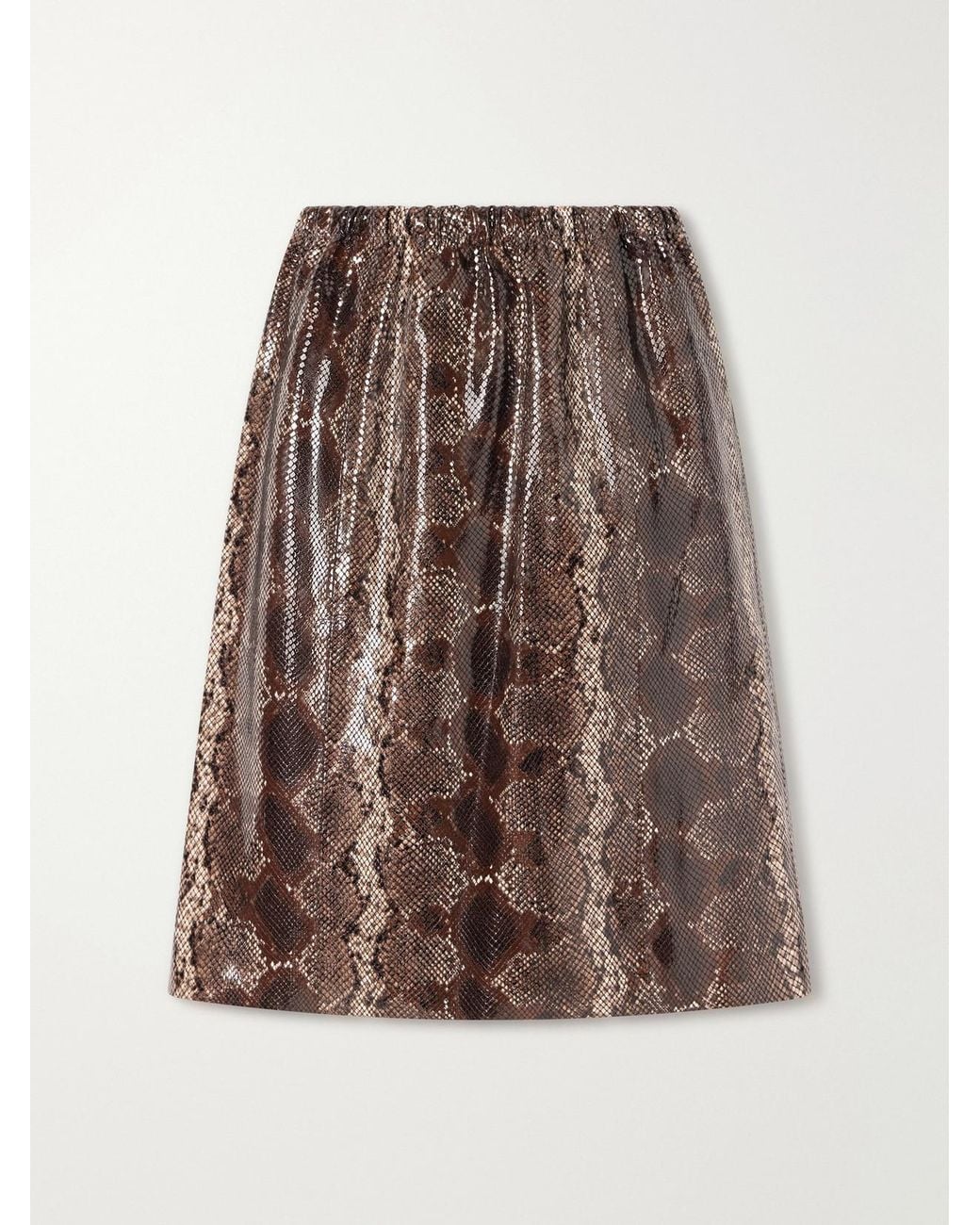 Nour Hammour Brown Sabella Gathered Snake-Effect Patent-Leather Midi Skirt