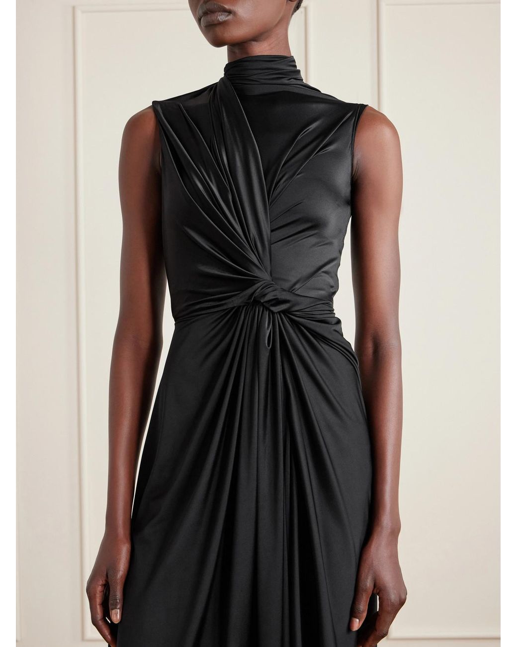 Balenciaga Black Asymmetric Draped Knotted Satin-Jersey Dress