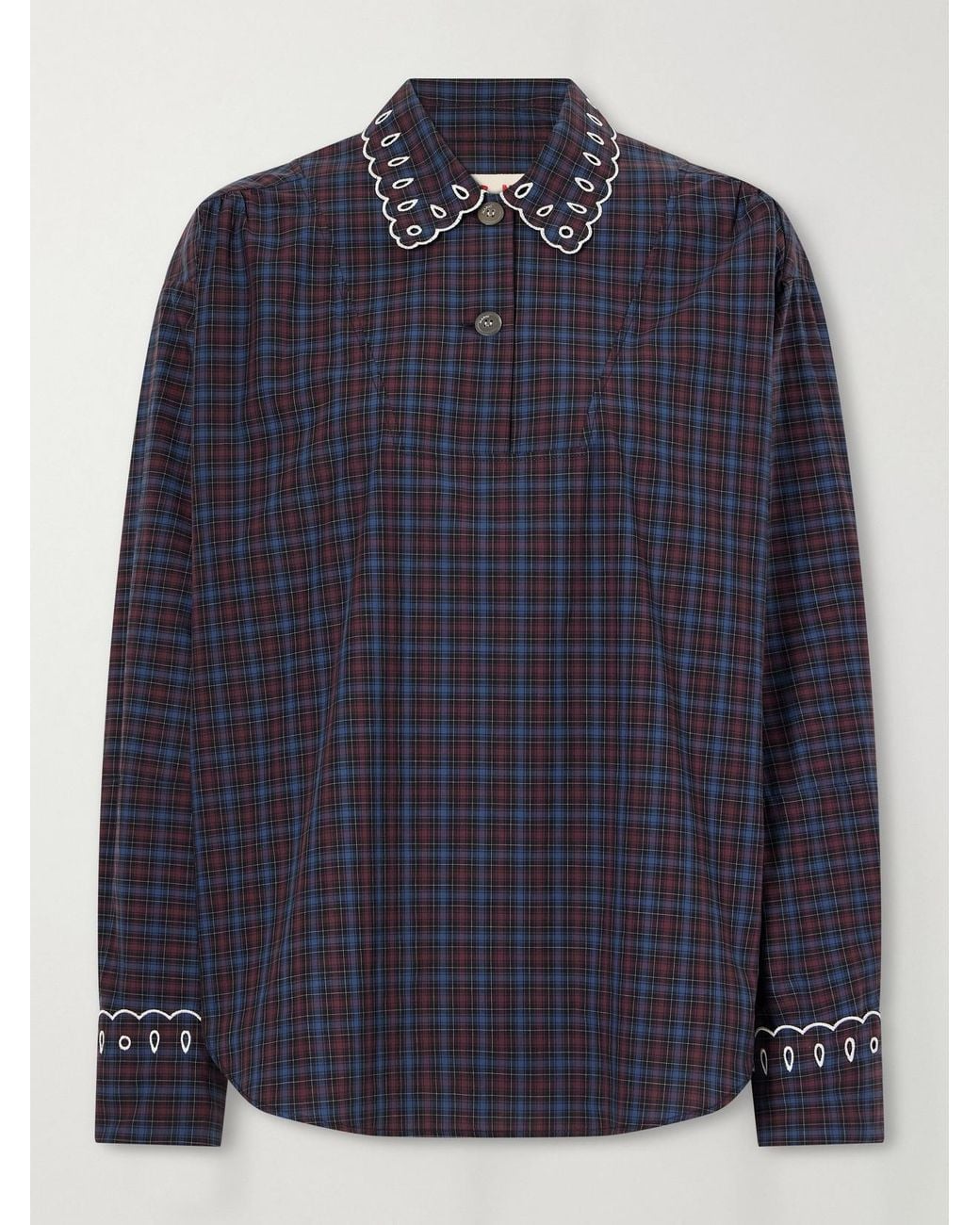 Marni Blue Checked Broderie-Anglaise Cotton-Poplin Shirt