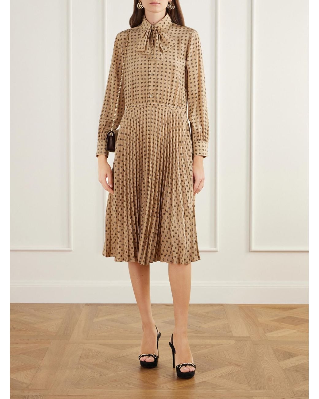 Gucci Natural Pussy-Bow Pleated Logo-Print Silk-Satin Midi Dress