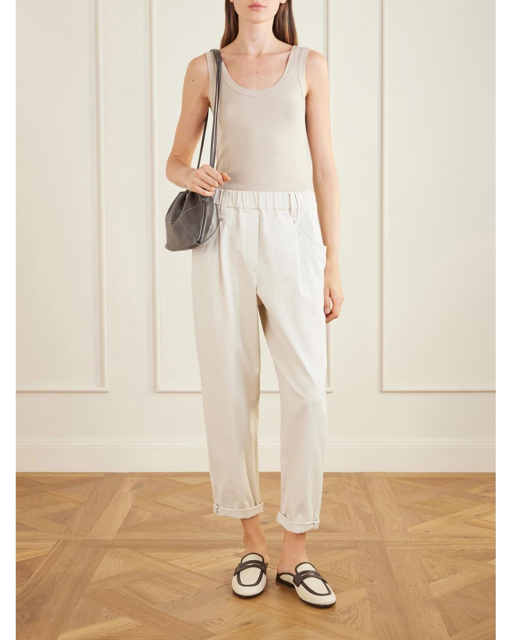 Brunello Cucinelli White Tapered Cotton-Blend Trousers