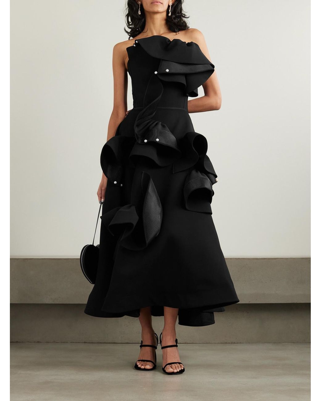 Maticevski Atonement Strapless Embellished Mesh-Trimmed Ruffled Crepe Maxi  Dress in Black