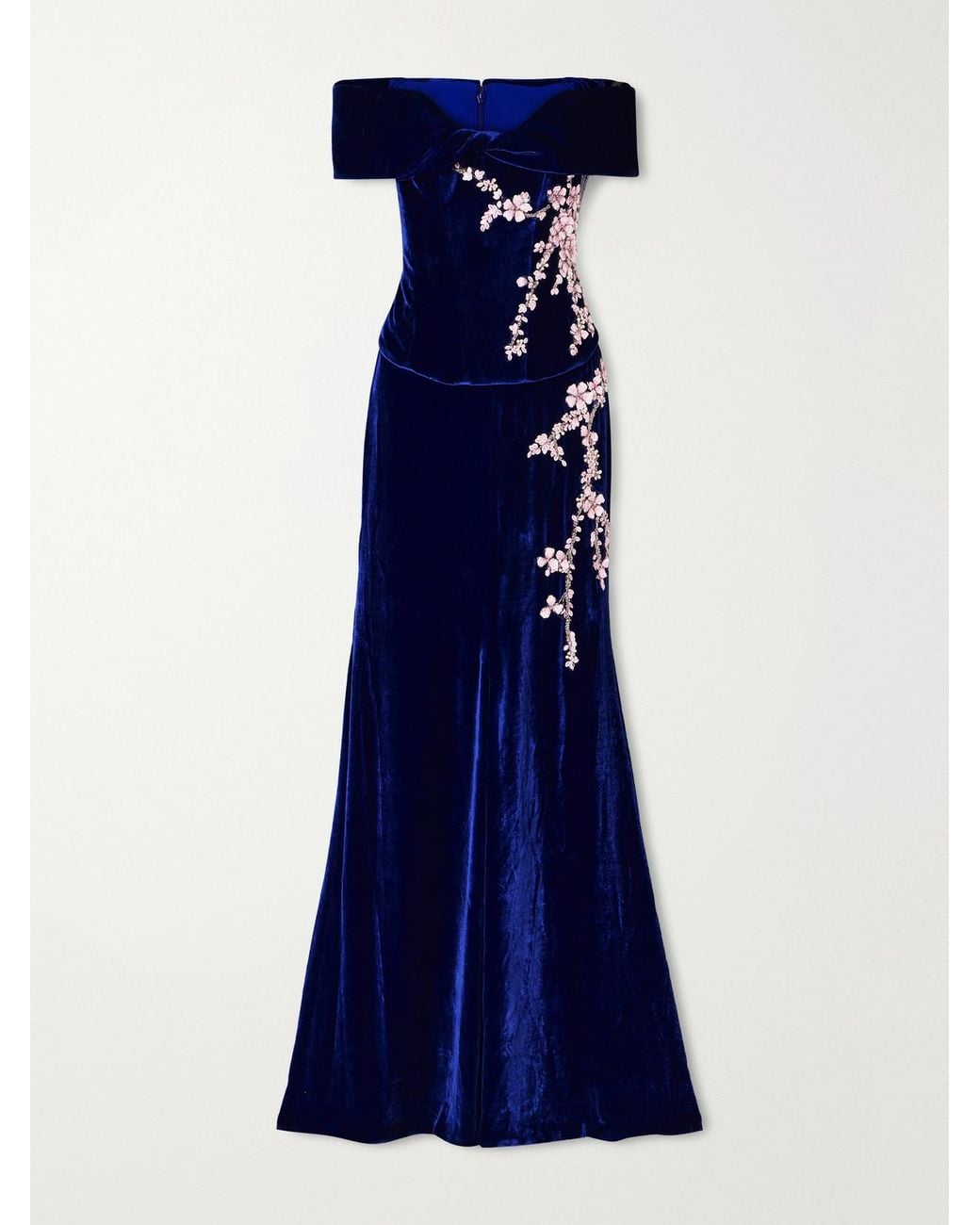 Costarellos Blue Rielle Flower-Appliqué Off-Shoulder Velvet Gown