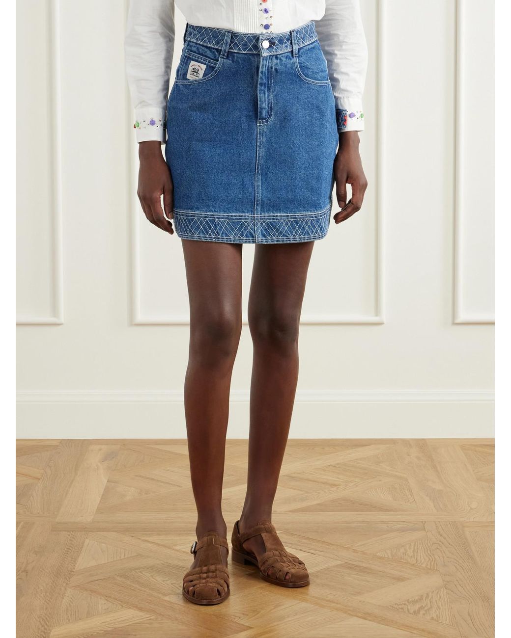 Bode Blue Embroidered Cotton Mini Skirt