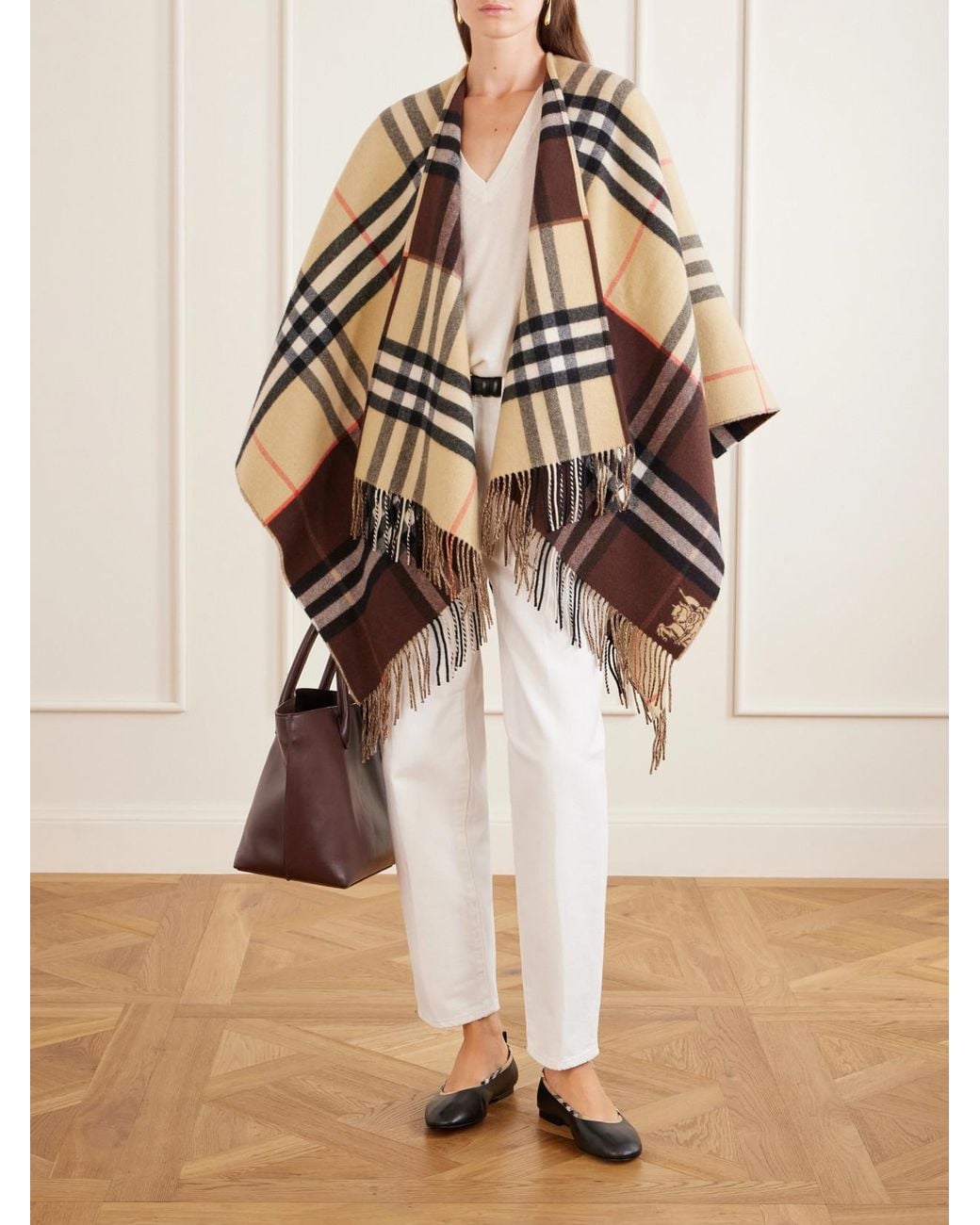 Burberry Brown Fringed Checked Cashmere And Wool-Blend Cape