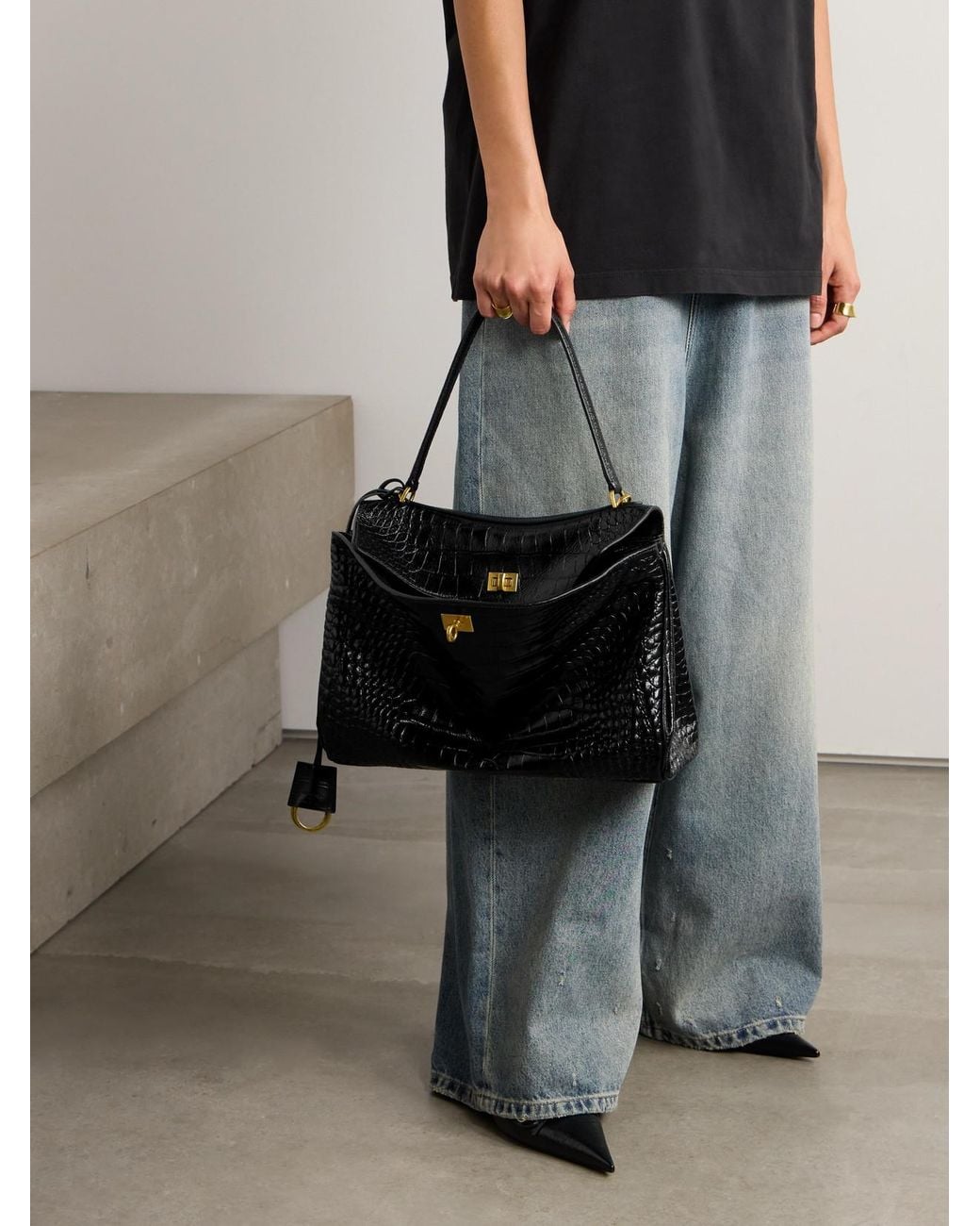 Balenciaga Black Rodeo Medium Croc-Effect Leather Shoulder Bag