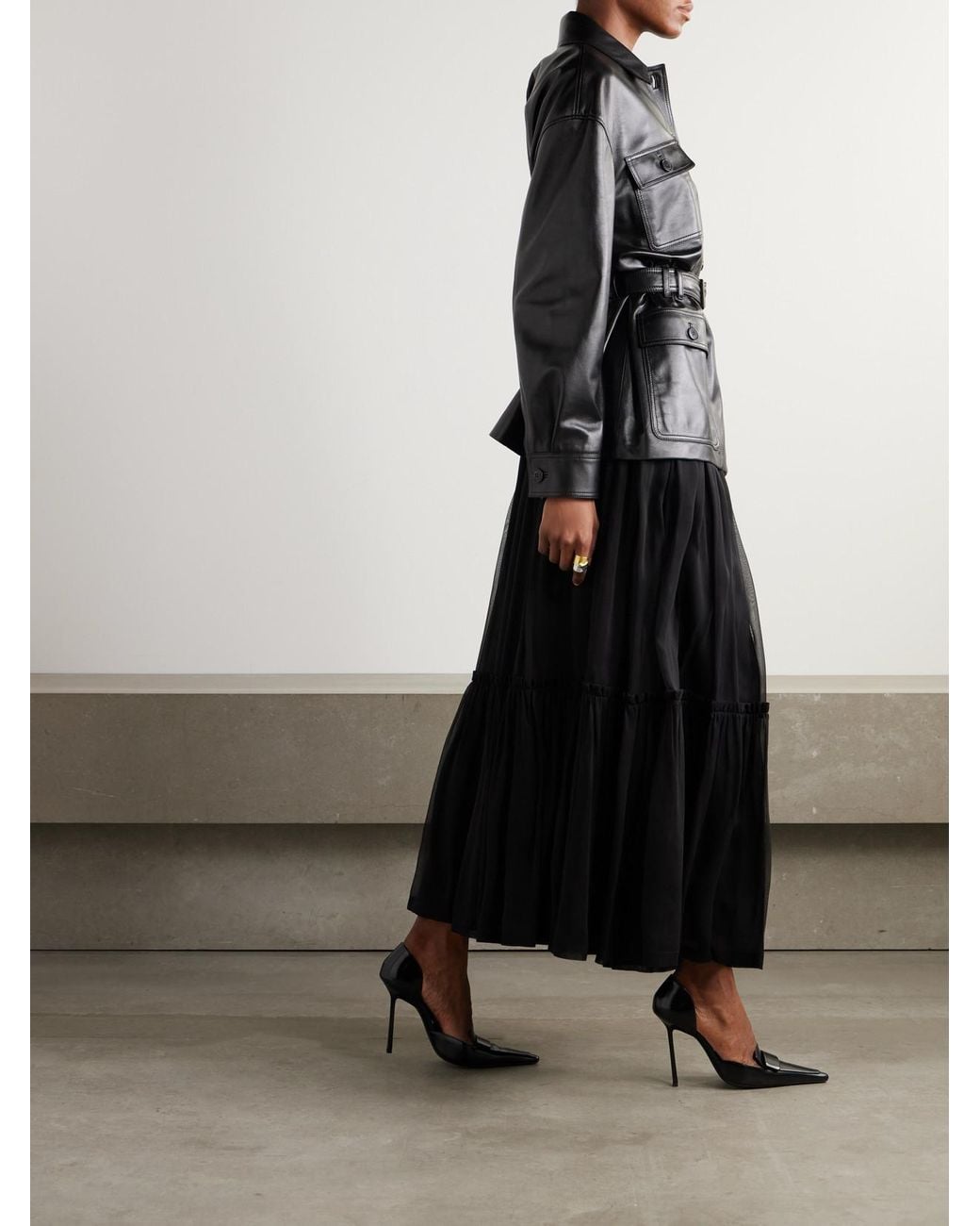 Saint Laurent Black Tiered Gathered Silk-Chiffon Maxi Skirt