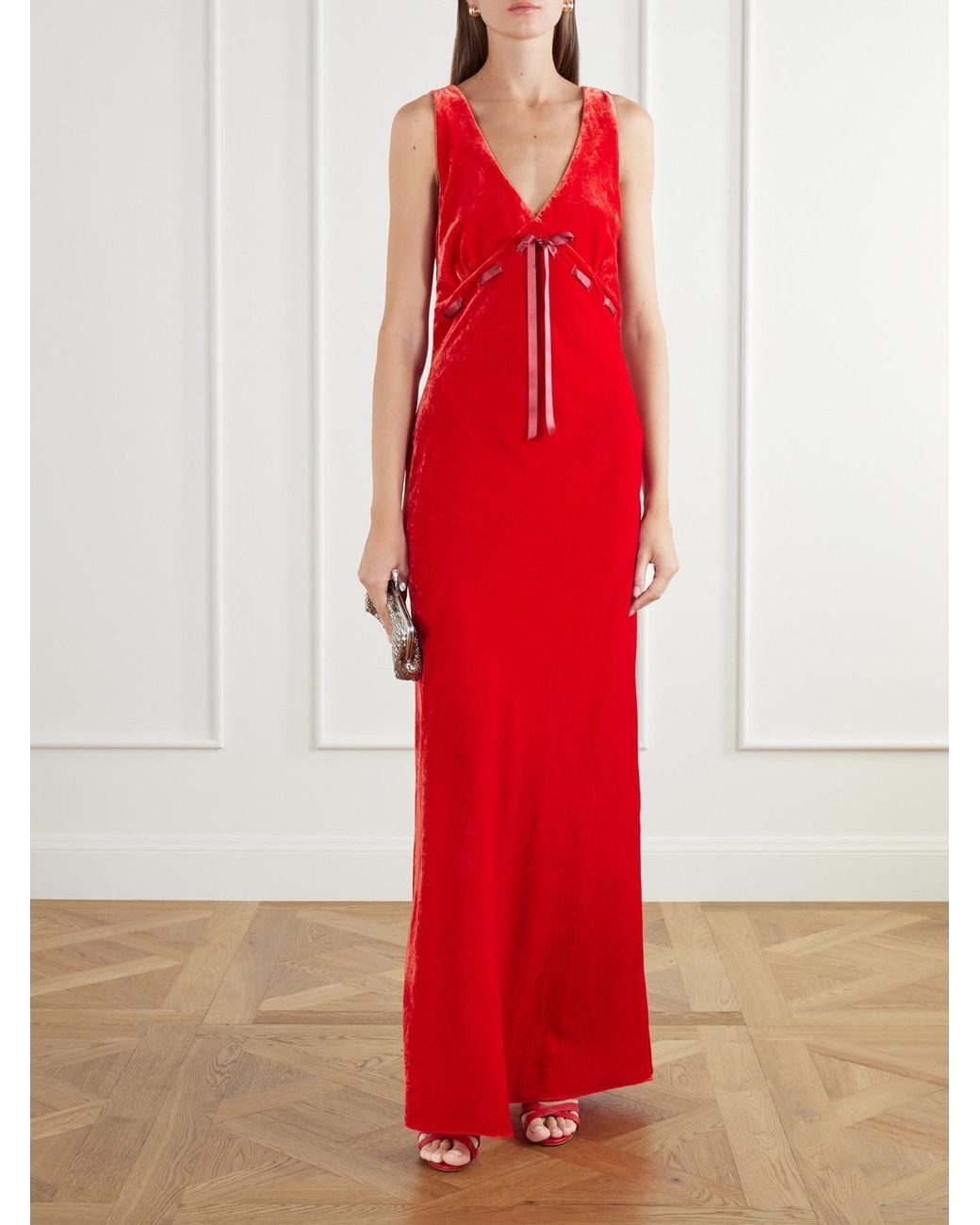 BERNADETTE Red Camille Bow-Detailed Velvet Gown
