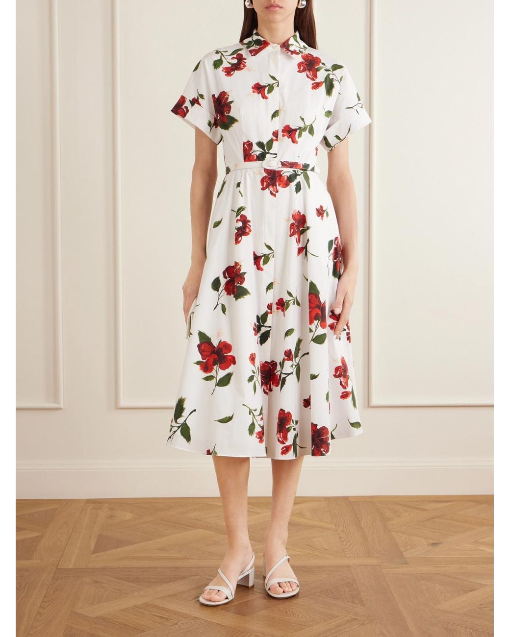 Oscar de la Renta White Floral-Print Cotton-Poplin Midi Dress
