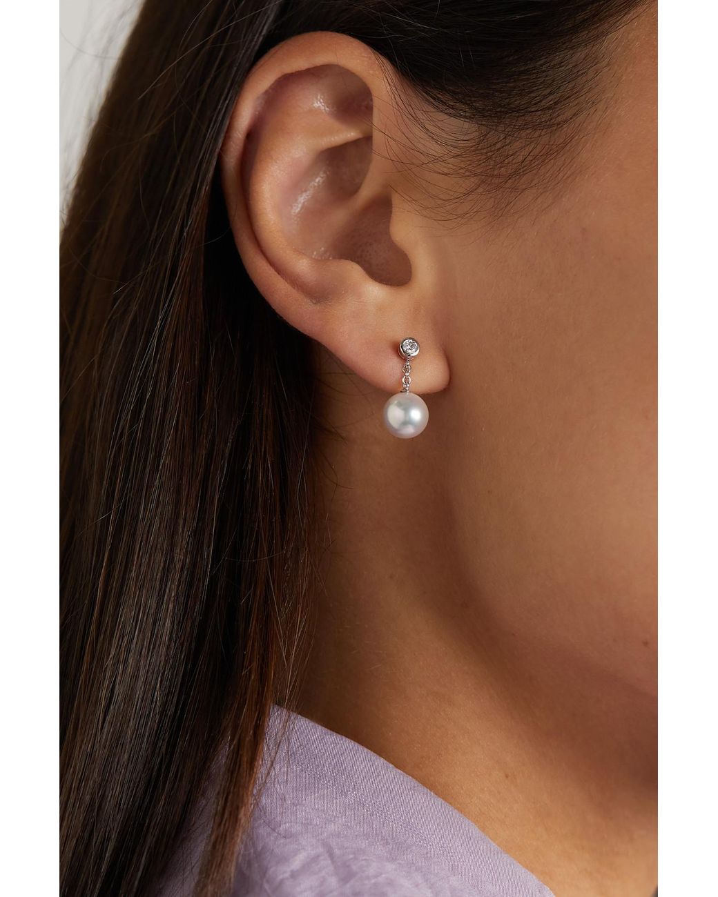 Mikimoto Morning Dew collection 75mm A quality akoya pearl and round  brilliant cut diamond earrings in 18k white gold  AHEE Jewelers
