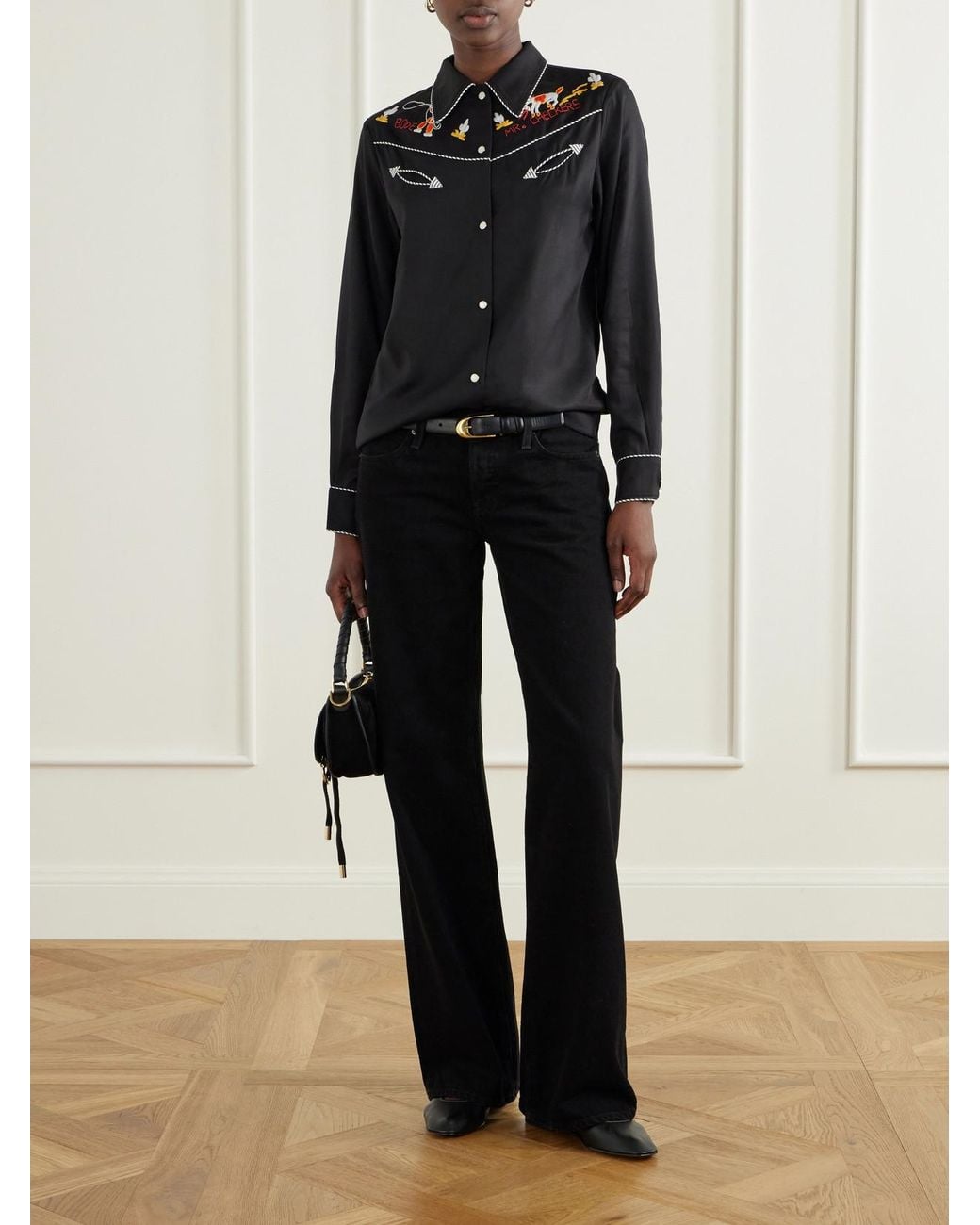 Bode Black Checkers Western Embroidered Poplin Blouse