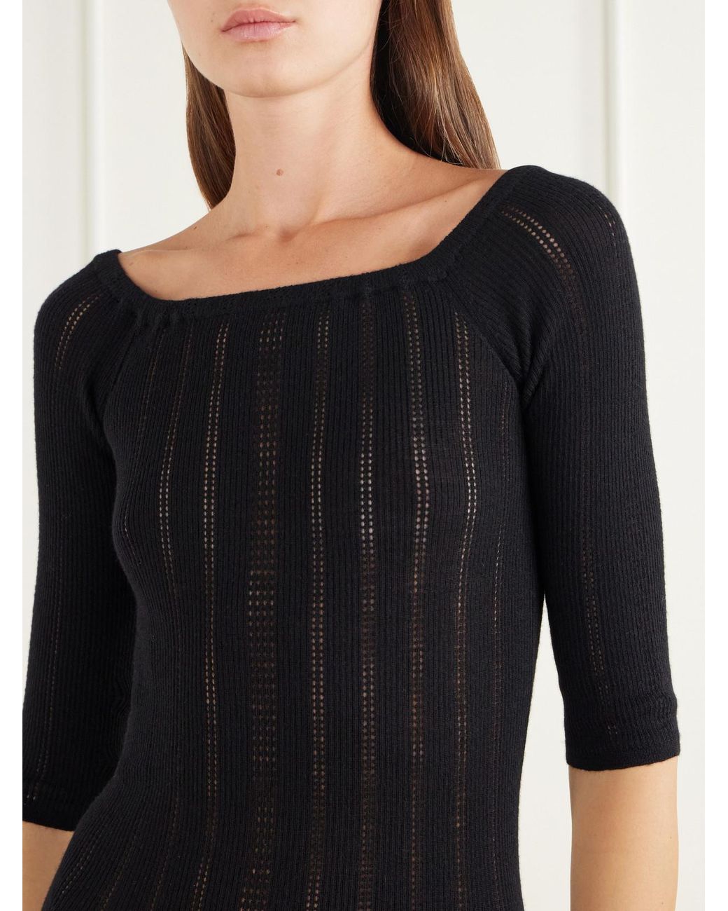 Gabriela Hearst Black Vivia Ribbed Pointelle-Knit Wool Midi Dress