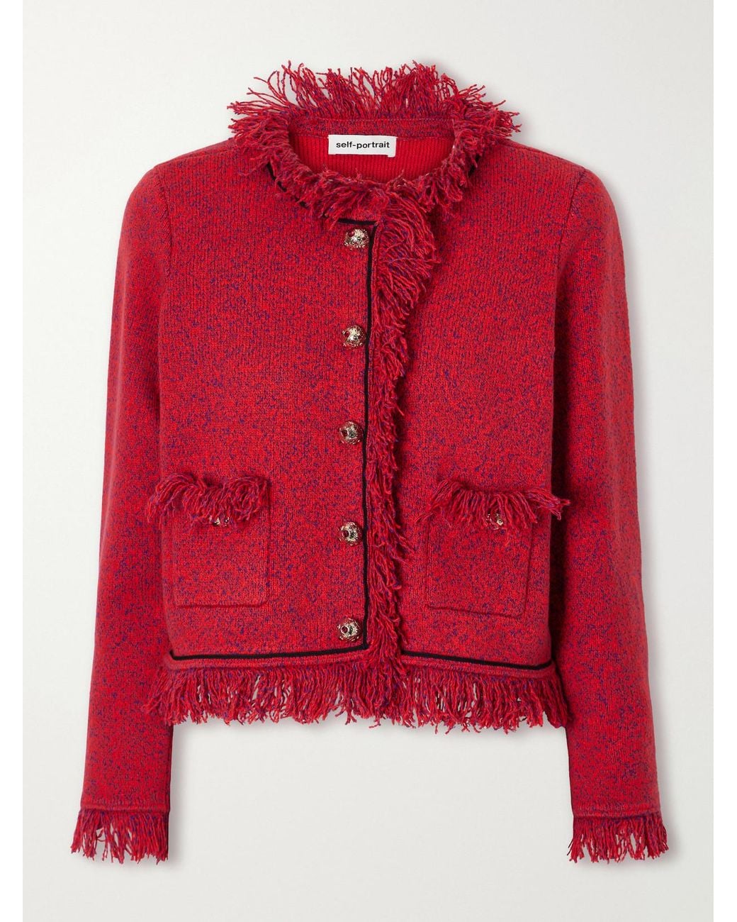 Self-Portrait Red Cropped Frayed Wool And Cotton-Blend Knitted Jacket