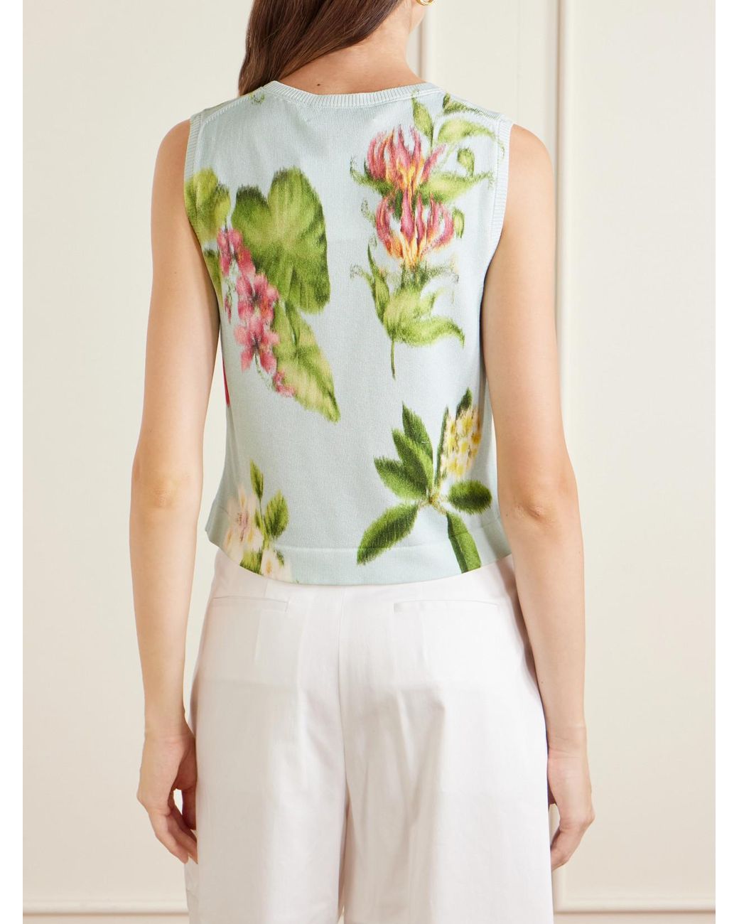 Oscar de la Renta Green Floral-Print Cotton-Blend Knitted Tank